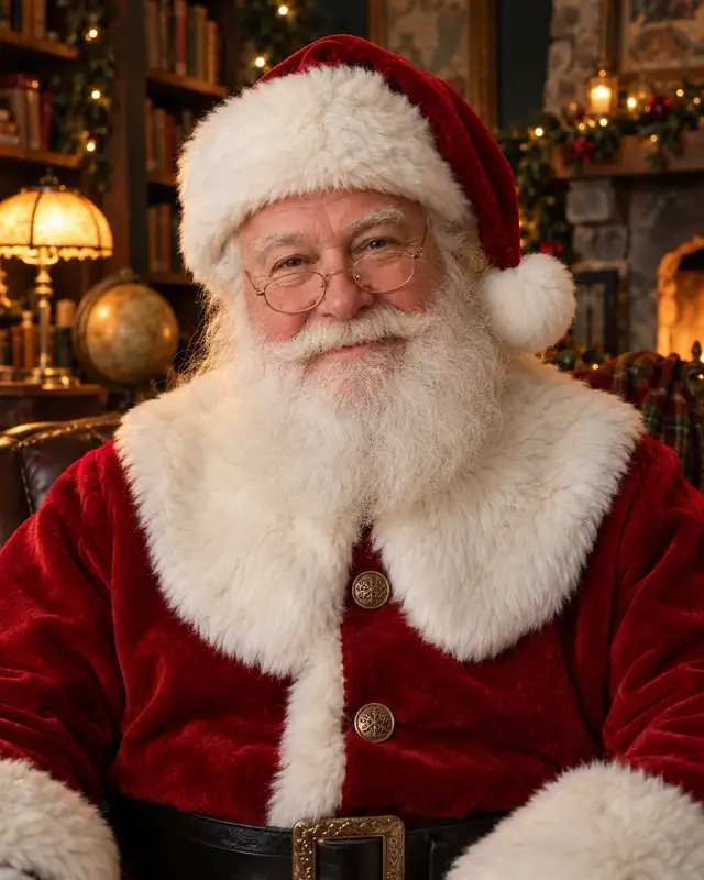 A warm, smiling Santa in his cozy North Pole study
